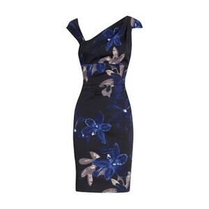 Karen Millen Floral Sheath Dress Asymmetrical Neck Blue Satin Cap Sleeve DK157 6